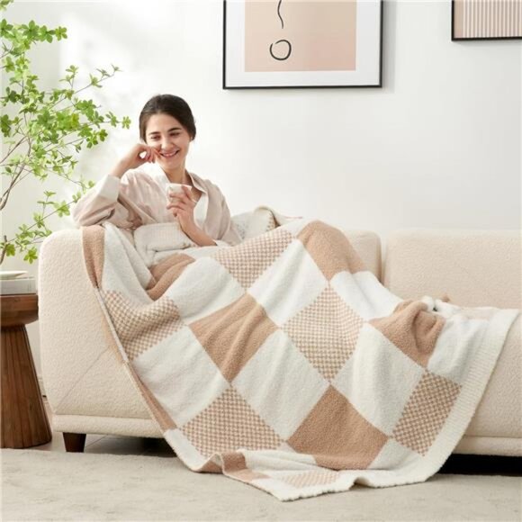 Sac Checkered Blanket, Beige Throw Blanket for Couch Plaid Microfiber - Picture 3 of 7